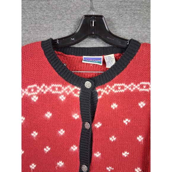 North Crest Womens Sweater Large Red Black Fair Isle Nordic Cardigan Holiday VTG - Picture 2 of 11